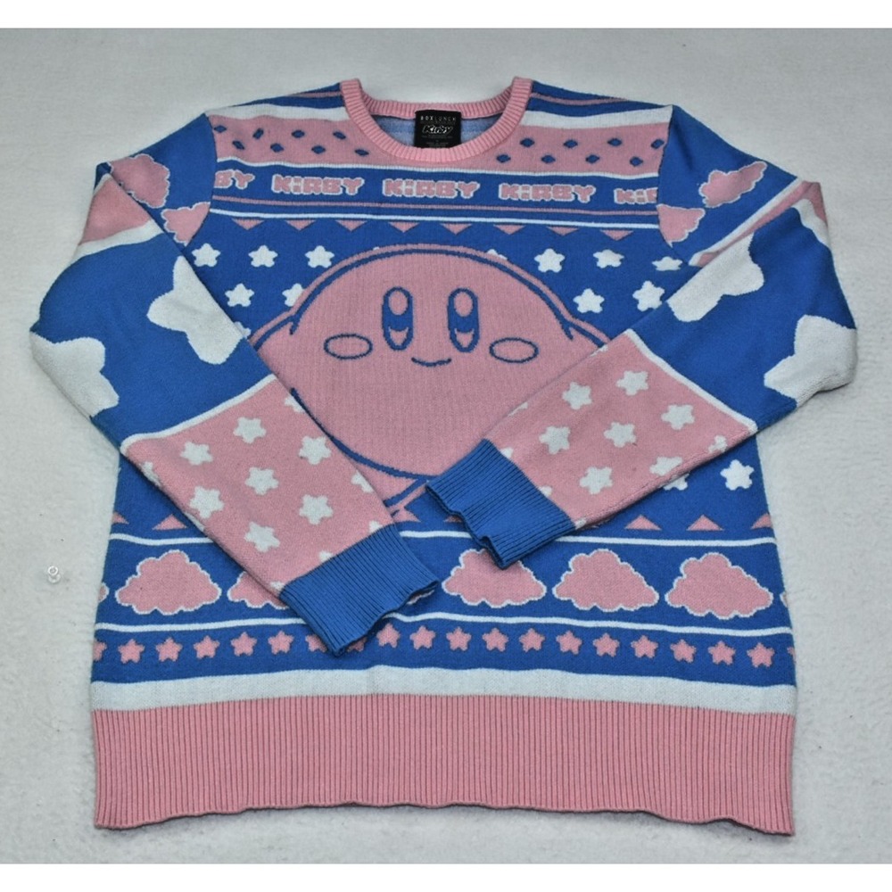 BoxLunch X Nintendo Kirby Women's Sweater Size S Blue Pink Star Cloud Knit Graph
